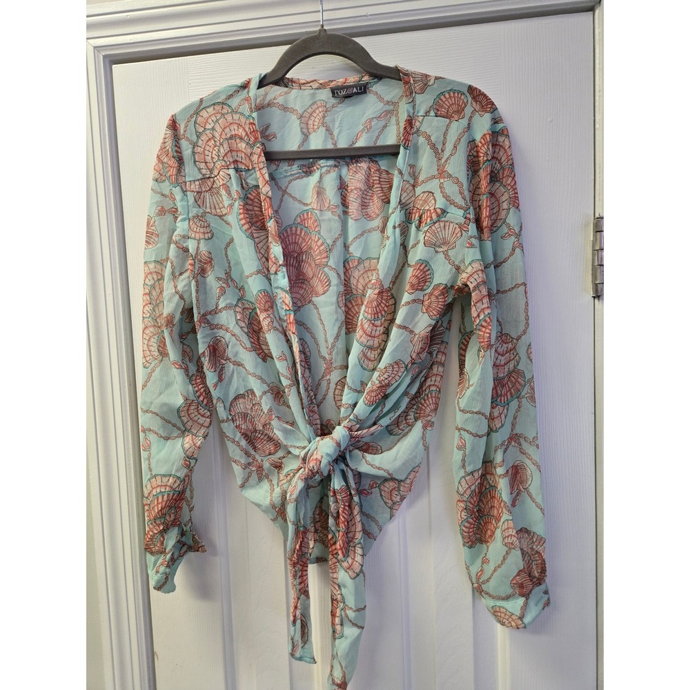 Mint Green Seashell Nautical Ocean Coastal Sheer Tie Front Long Sleeve Blouse M